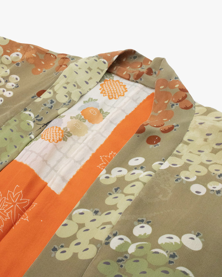 Vintage Haori Jacket, Sage with Berries with Orange Lining