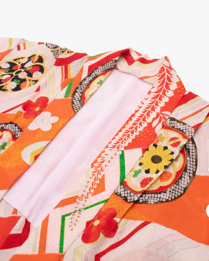 Vintage Haori Jacket, Yuzen, Orange Red with Floral Temari