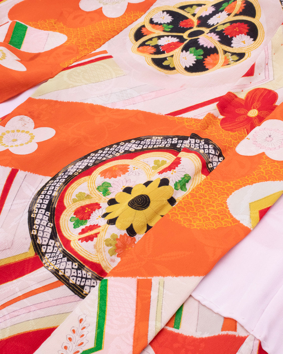 Vintage Haori Jacket, Yuzen, Orange Red with Floral Temari