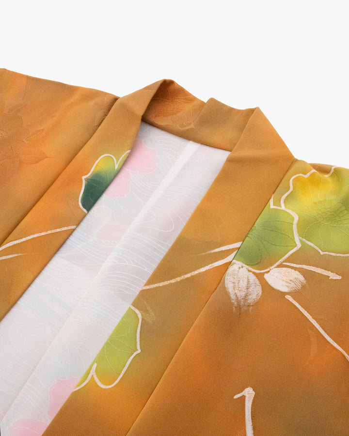 Vintage Haori Jacket, Orange with Green Flowers