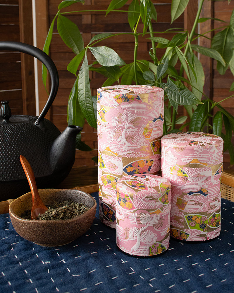 Tea Canister, Theanine, Washi Paper, Pink and Green