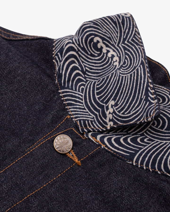 Kiriko Original Type II Denim Trucker Jacket, Trimmed with Patched Nami Fabric, Raw Denim