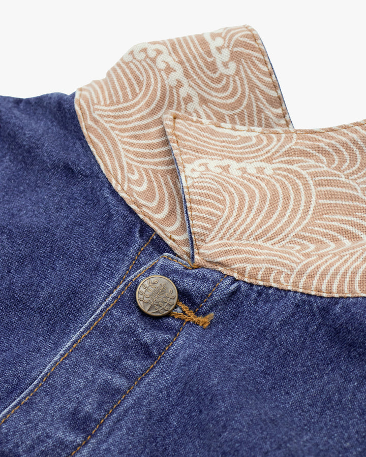 Kiriko Original Type II Denim Trucker Jacket, Trimmed with Patched Nami Fabric, Bleached Denim