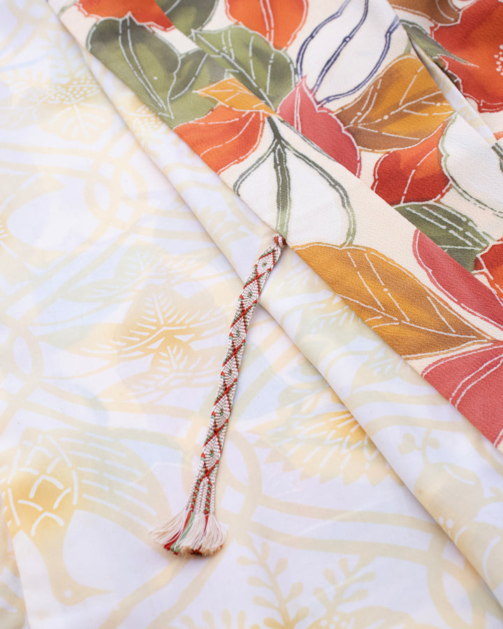 Vintage Haori Jacket, Yellow with Olive and Orange Leaves