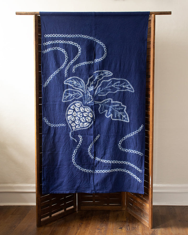 Vintage Noren, Indigo Shibori, Leaves