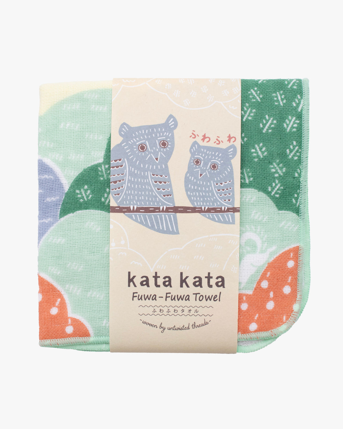 Musubi, Fuwa-Fuwa Towel, Kata Kata, Owl Fluffy Towel, Green 10" x 10"