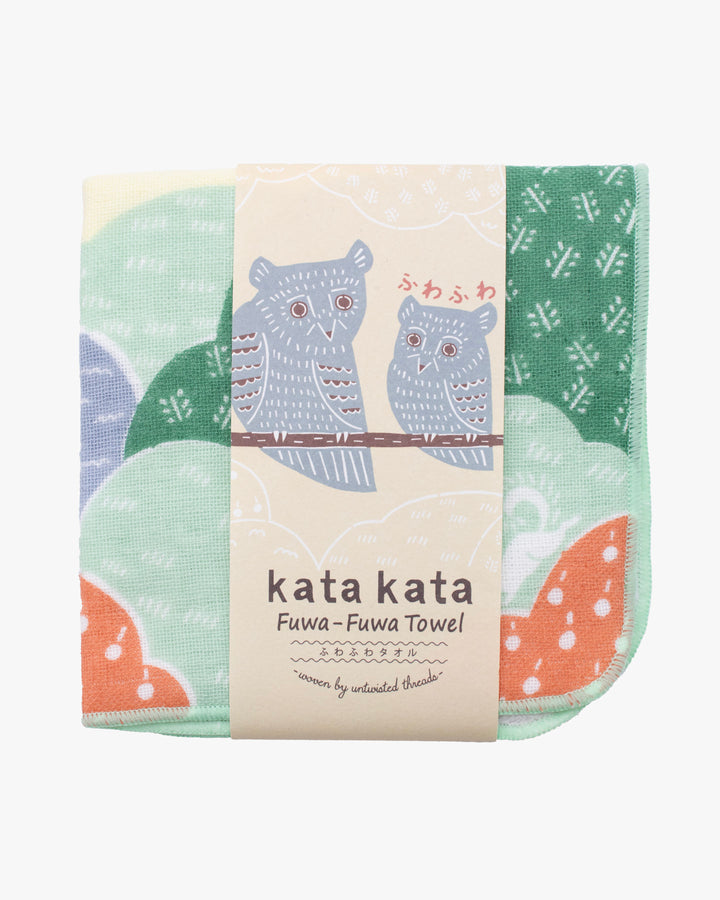 Musubi, Fuwa-Fuwa Towel, Kata Kata, Owl Fluffy Towel, Green 10" x 10"