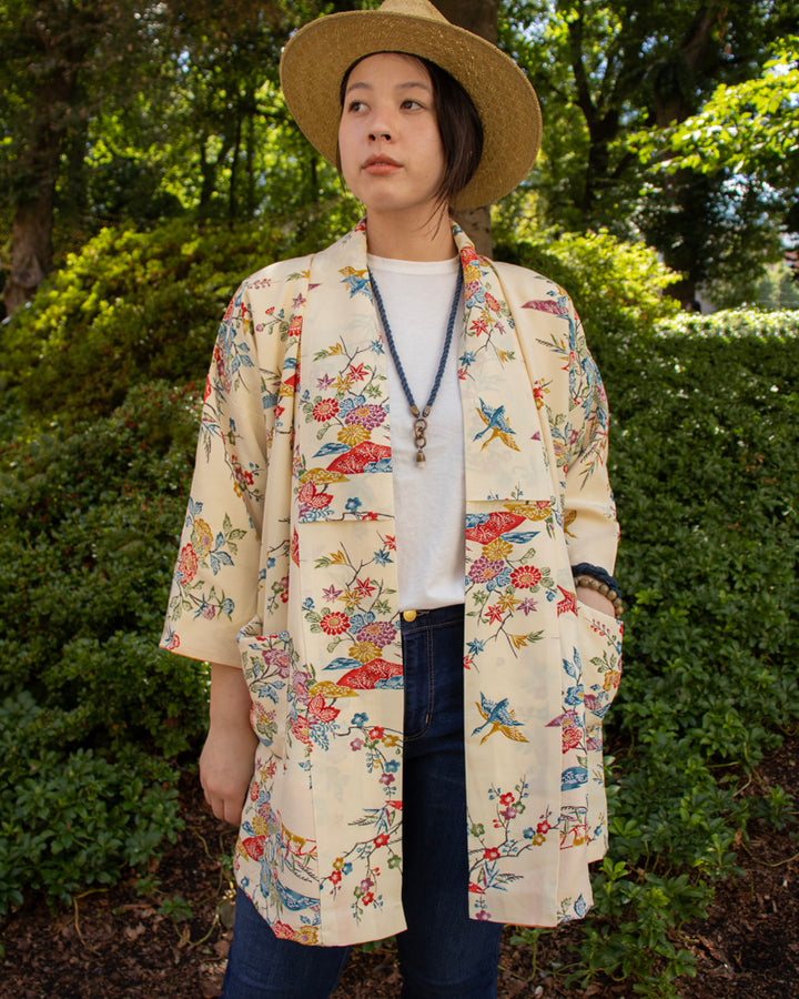 Kiriko Custom, Altered Kimono Jacket, Cream with Colorful Garden Scenery, Bingata