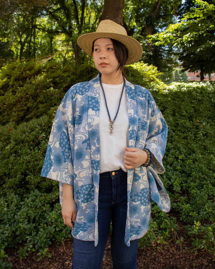 Vintage Haori Jacket, Full Shibori, White with Blue Kiku and Mizumon