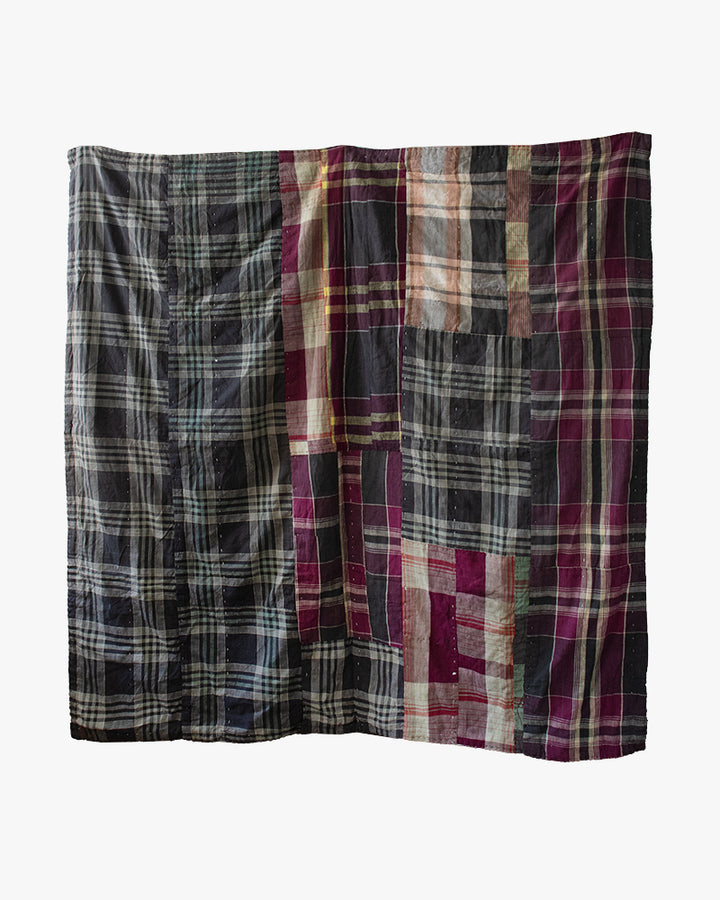 Vintage Boro Blanket, Patched Grey and Purple Plaid