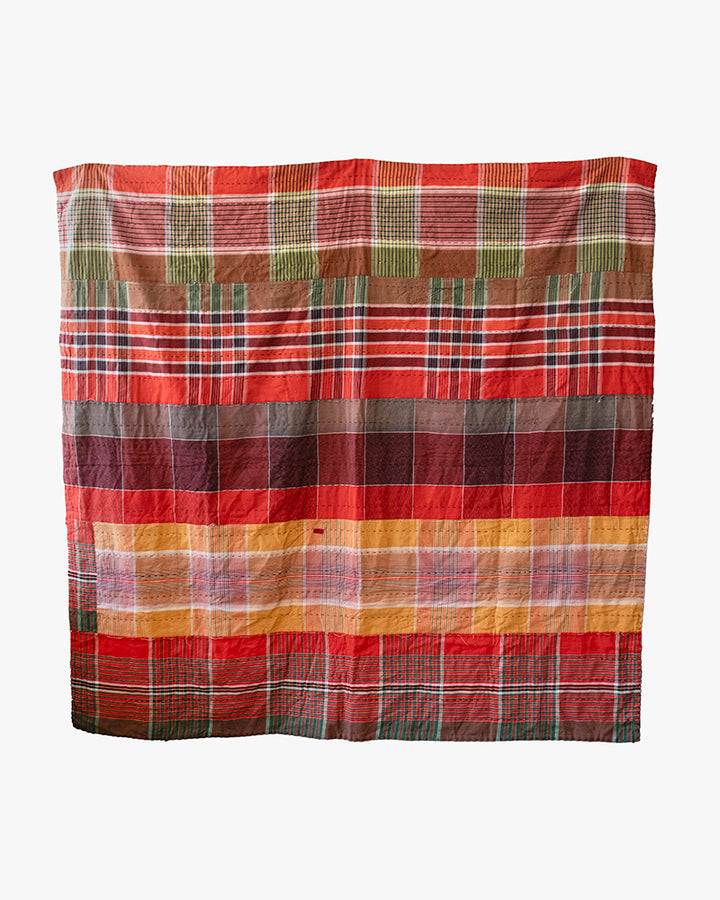 Vintage Boro Blanket, Red Plaid with Green and Yellow Accents