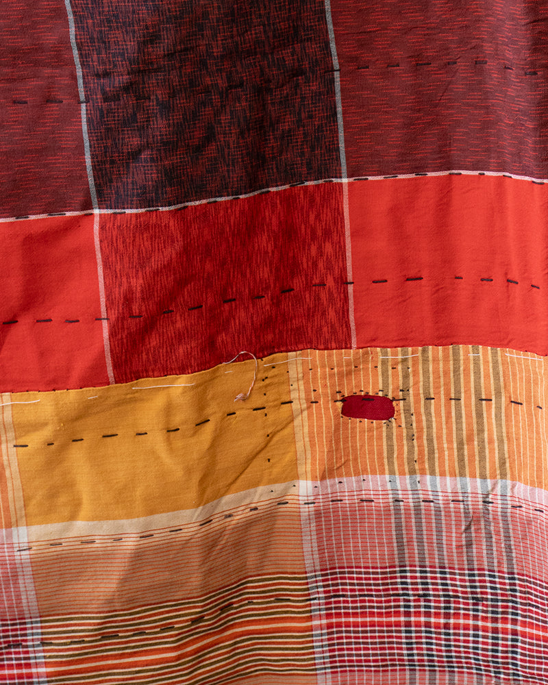 Vintage Boro Blanket, Red Plaid with Green and Yellow Accents