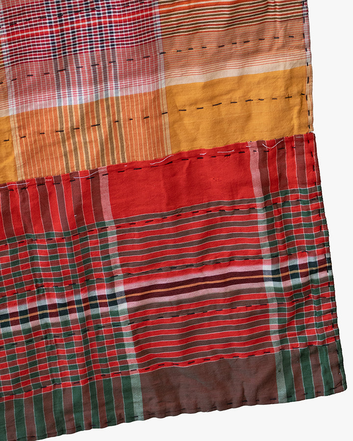 Vintage Boro Blanket, Red Plaid with Green and Yellow Accents