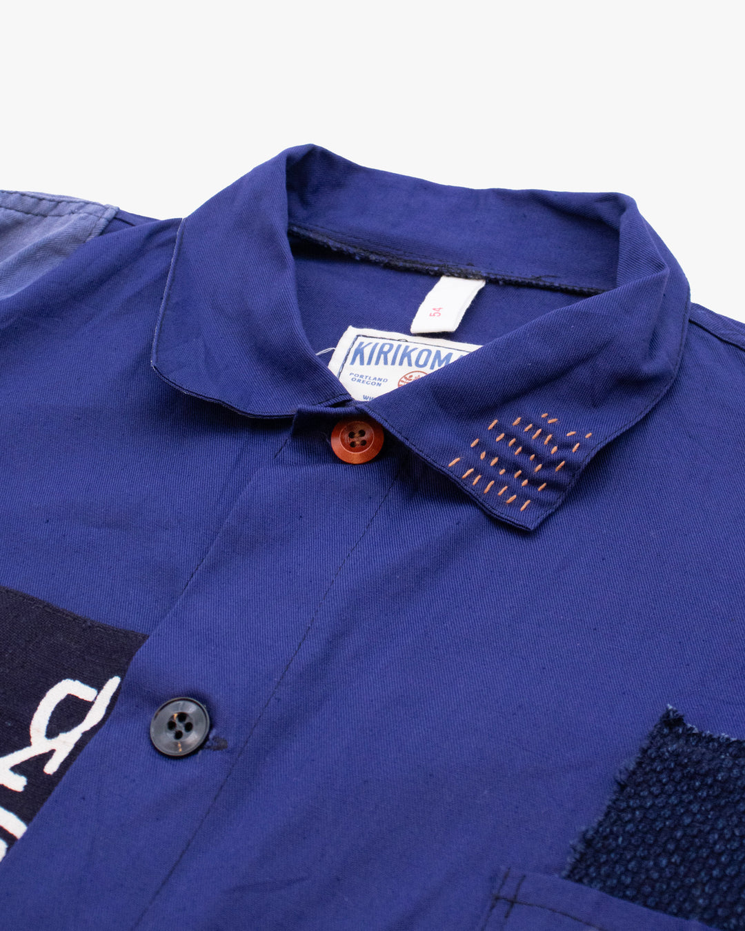 Kiriko Custom, One of a Kind Patched French Workman Jacket, Blue Patched Apron Fabric - 18