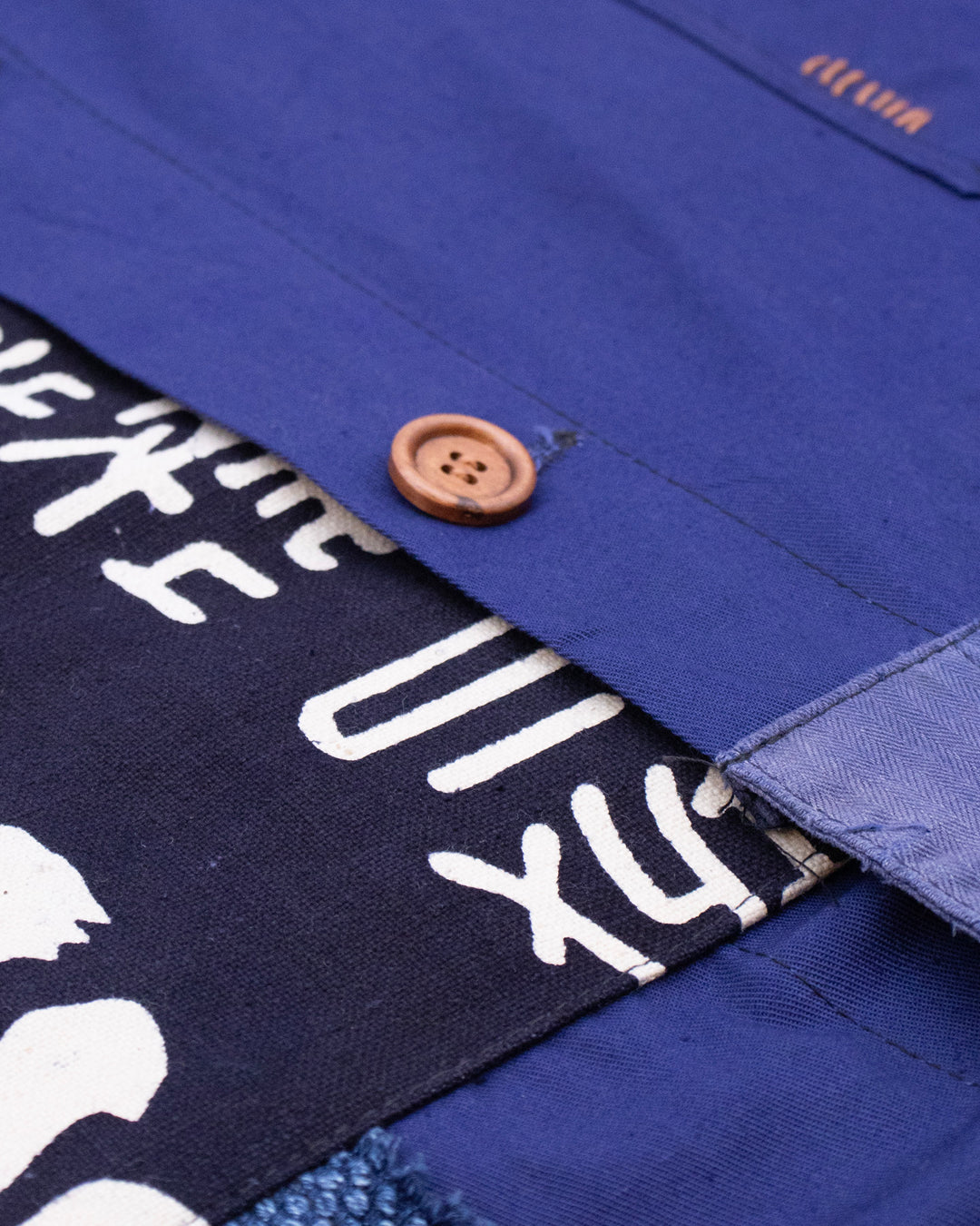 Kiriko Custom, One of a Kind Patched French Workman Jacket, Blue Patched Apron Fabric - 18