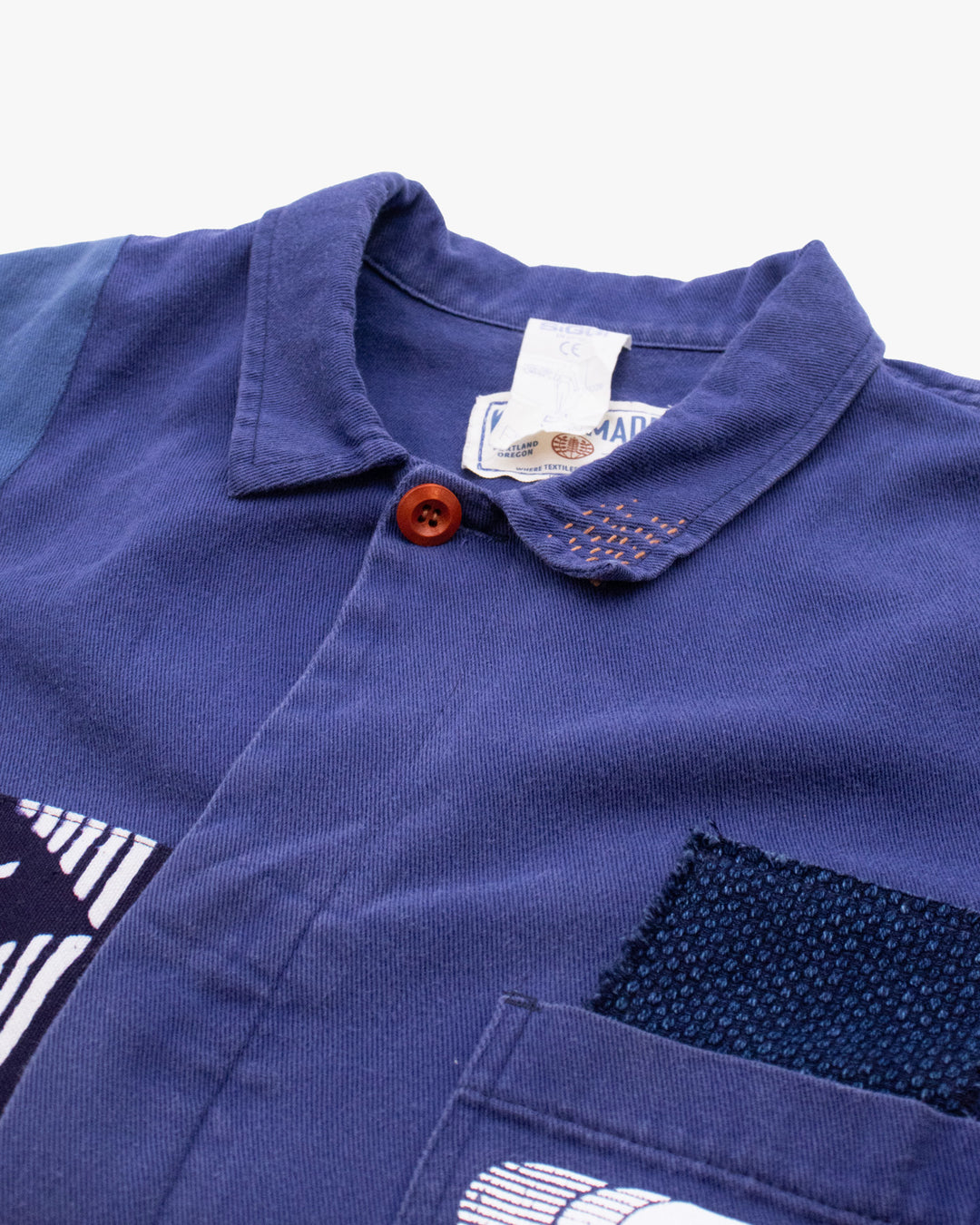 Kiriko Custom, One of a Kind Patched French Workman Jacket, Blue Patched Apron Fabric - 19