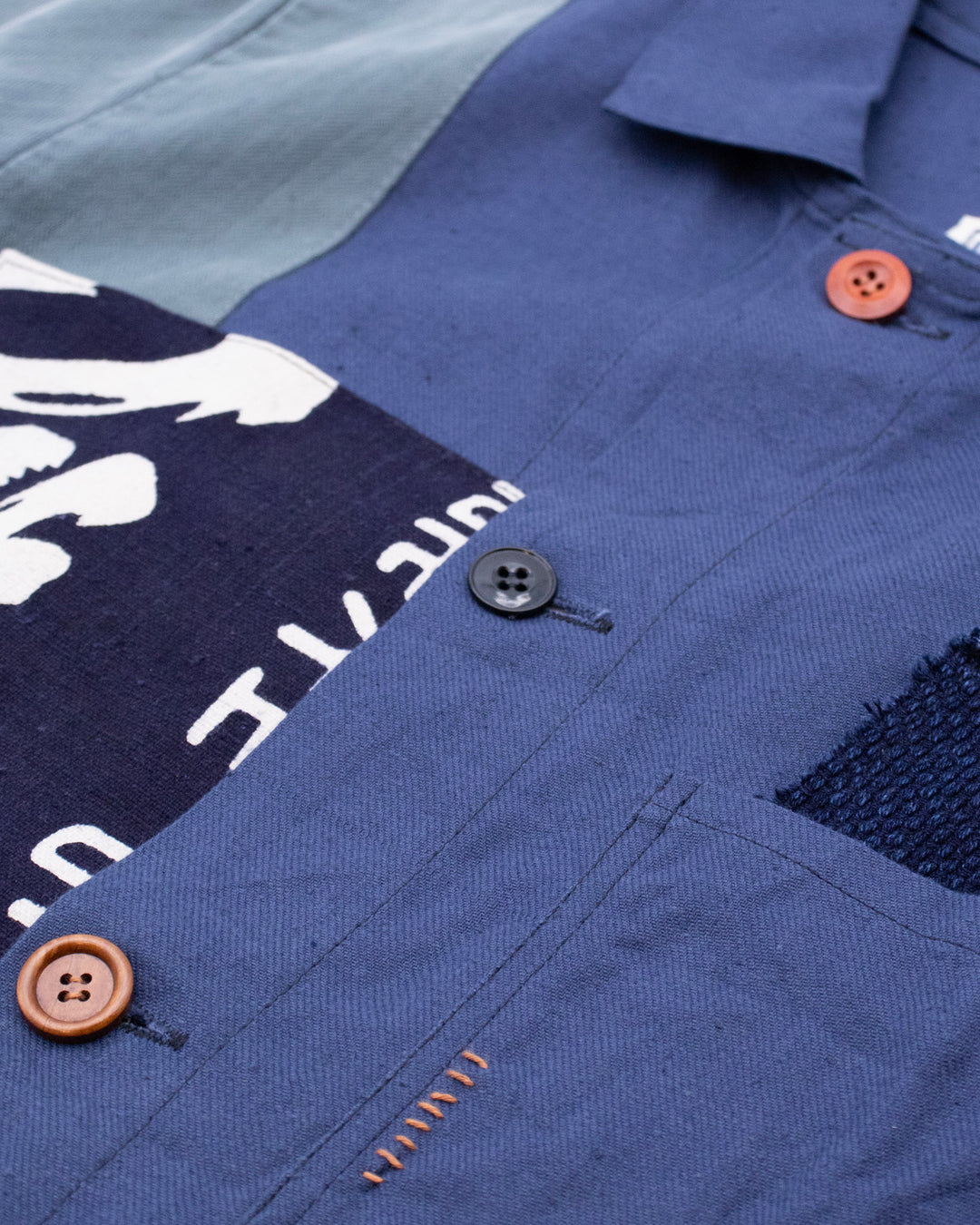 Kiriko Custom, One of a Kind Patched French Workman Jacket, Blue Patched Apron Fabric - 20