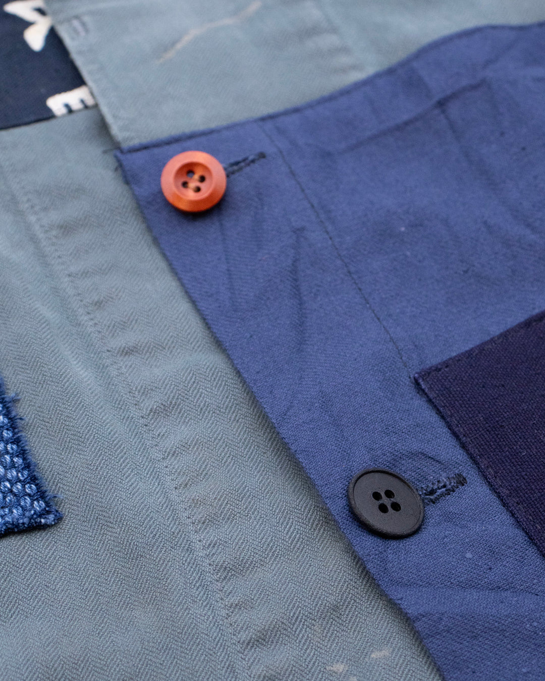 Kiriko Custom, One of a Kind Patched French Workman Jacket, Blue Patched Apron Fabric - 21