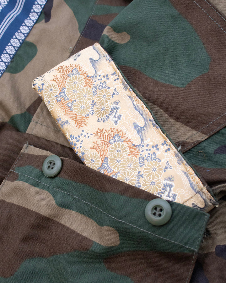 Kiriko Custom Military Jacket, Camo Patched, Blue Trim