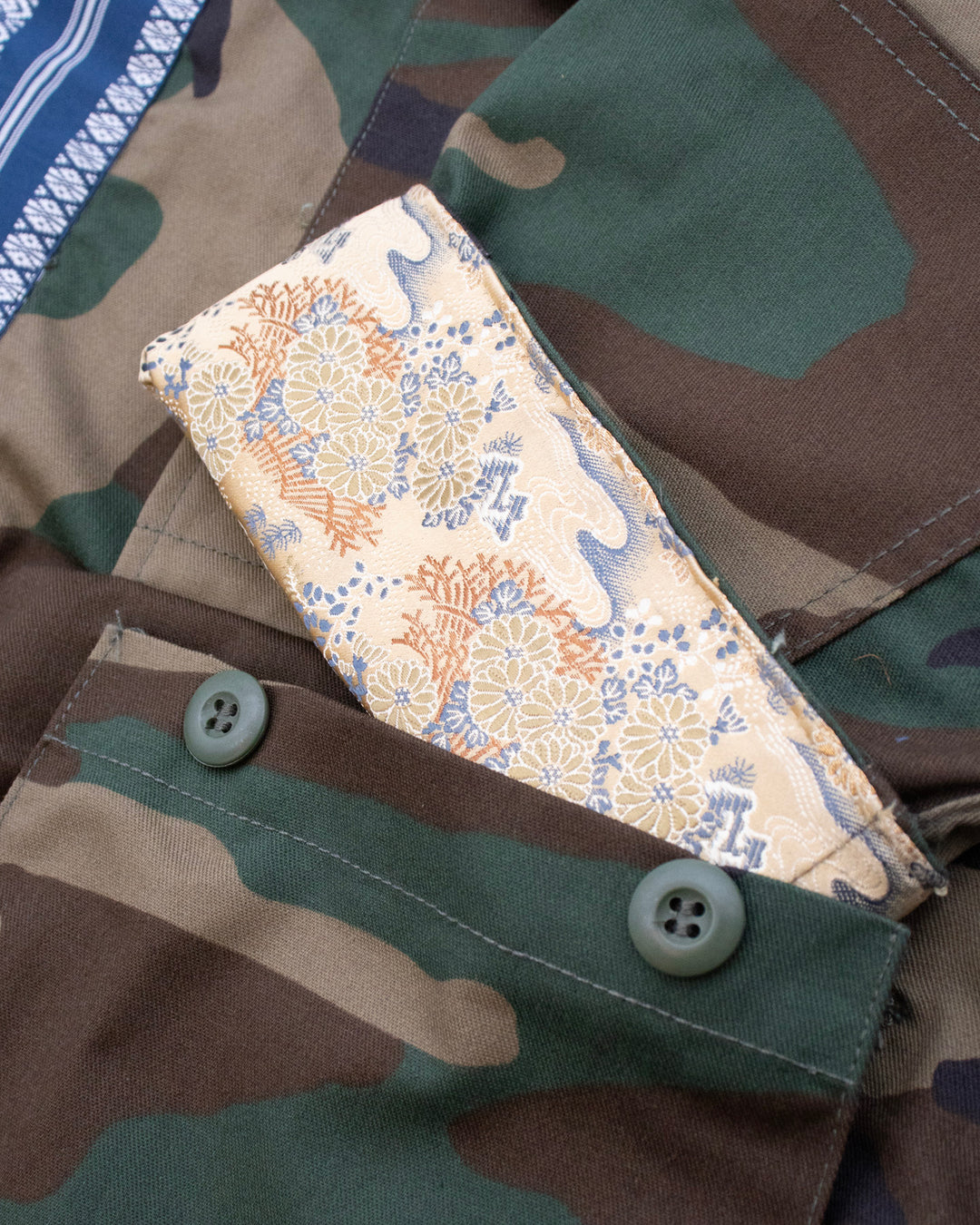 Kiriko Custom Military Jacket, Camo Patched, Blue Trim