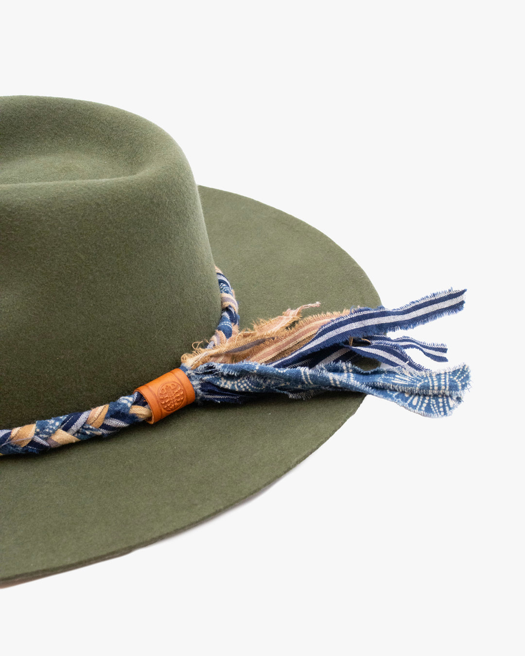 Kiriko Custom Hat, Green Felt, Braided Katazome, Indigo and Brown