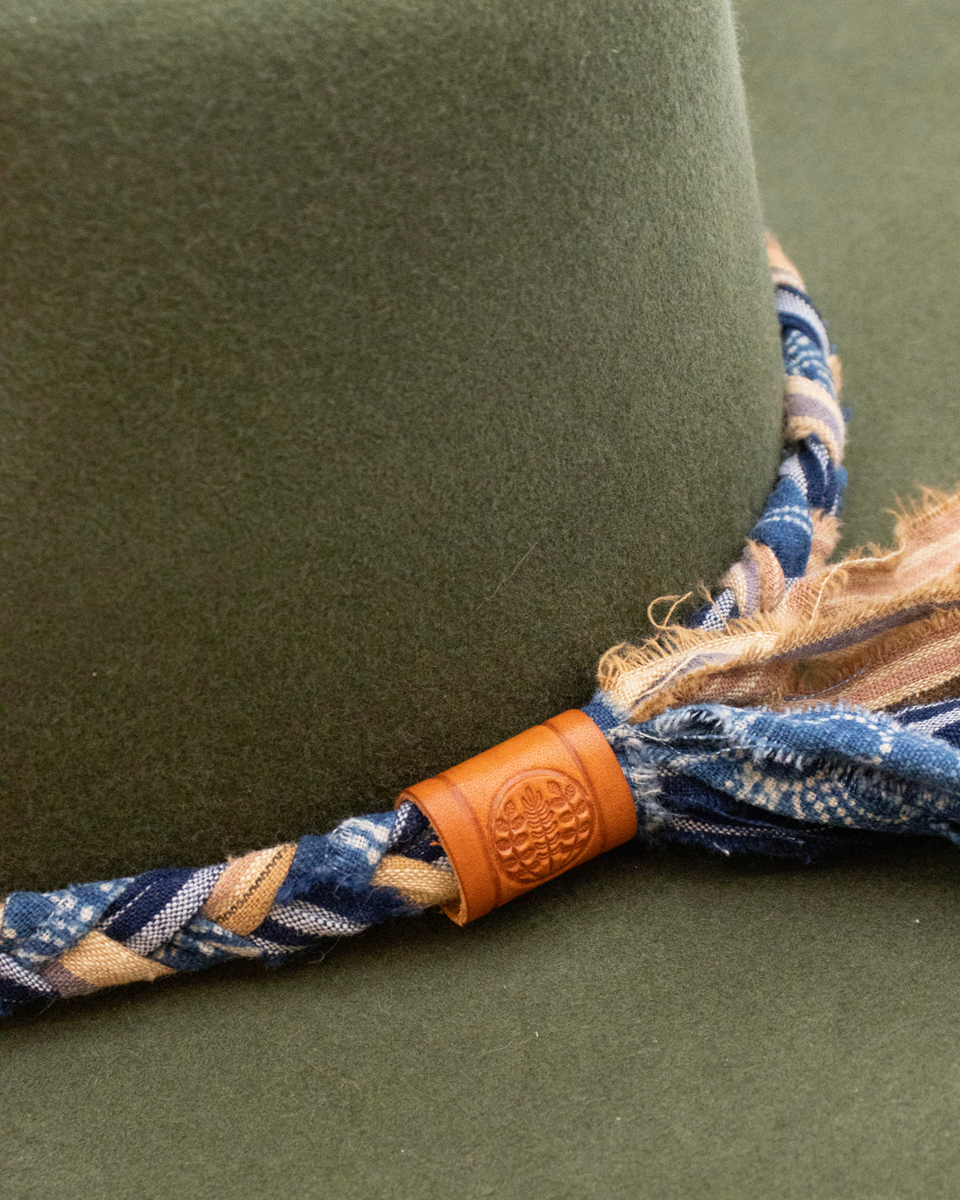 Kiriko Custom Hat, Green Felt, Braided Katazome, Indigo and Brown