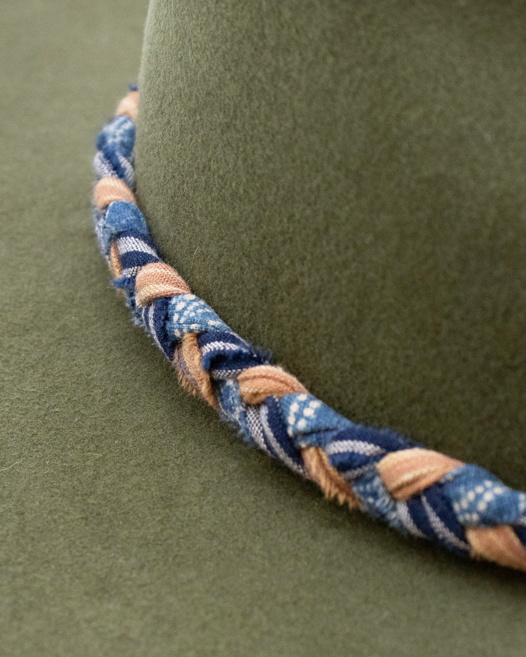 Kiriko Custom Hat, Green Felt, Braided Katazome, Indigo and Brown