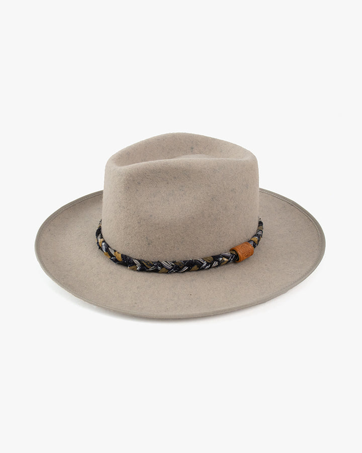 Kiriko Custom Wool Felt Hat, Oatmeal with Braided Boro Fabric, Brixton, Oatmeal and Taupe