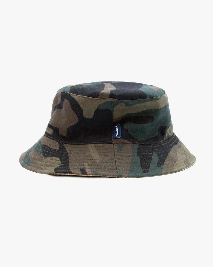 Kiriko Original Bucket Hat, Reversible Sage and Gold Multi Patchwork with Black and Lime Tiger Camo