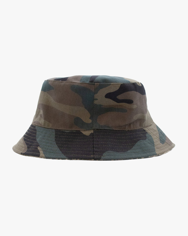 Kiriko Original Bucket Hat, Reversible Sage and Gold Multi Patchwork with Black and Lime Tiger Camo