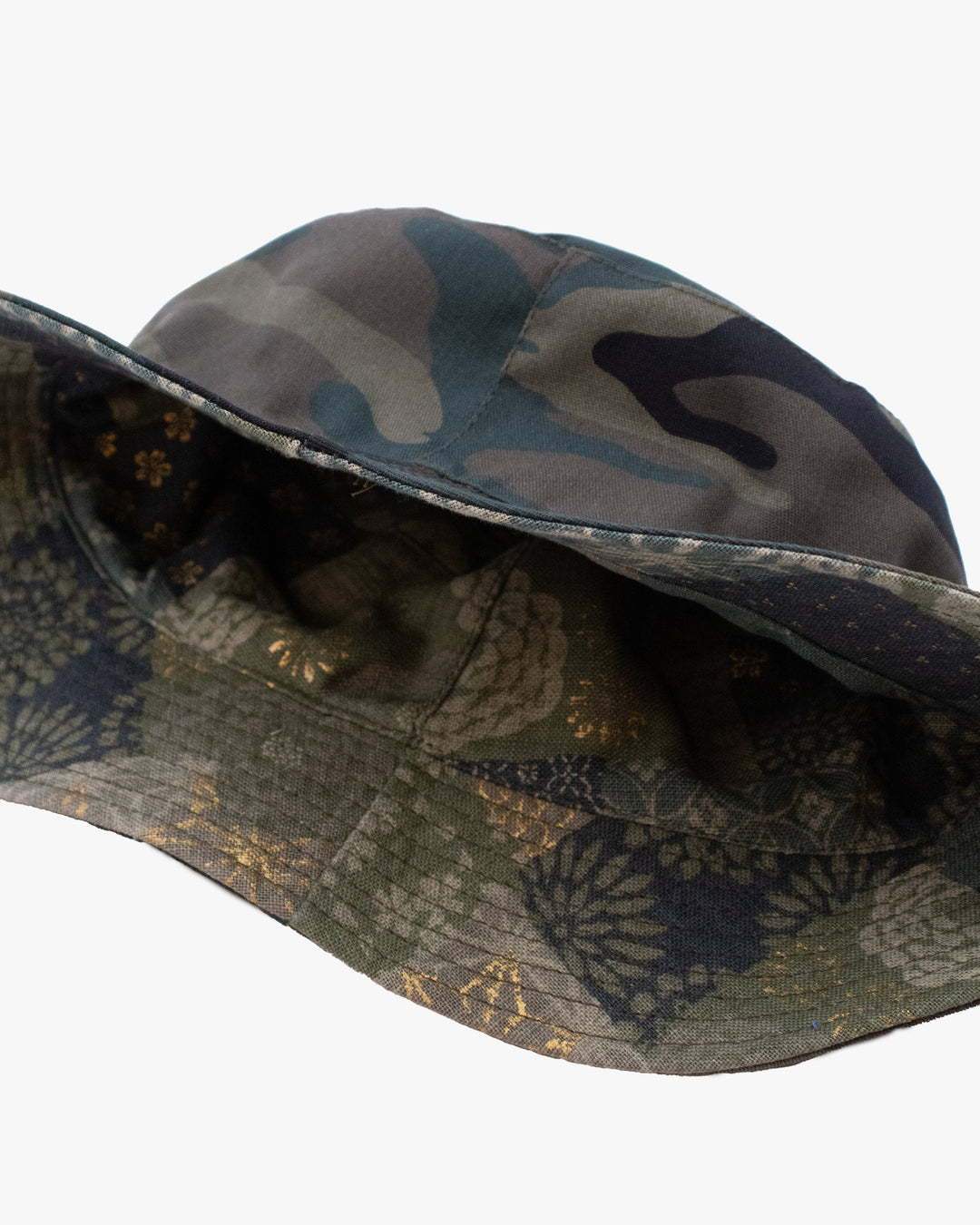 Kiriko Original Bucket Hat, Reversible Sage and Gold Multi Patchwork with Black and Lime Tiger Camo