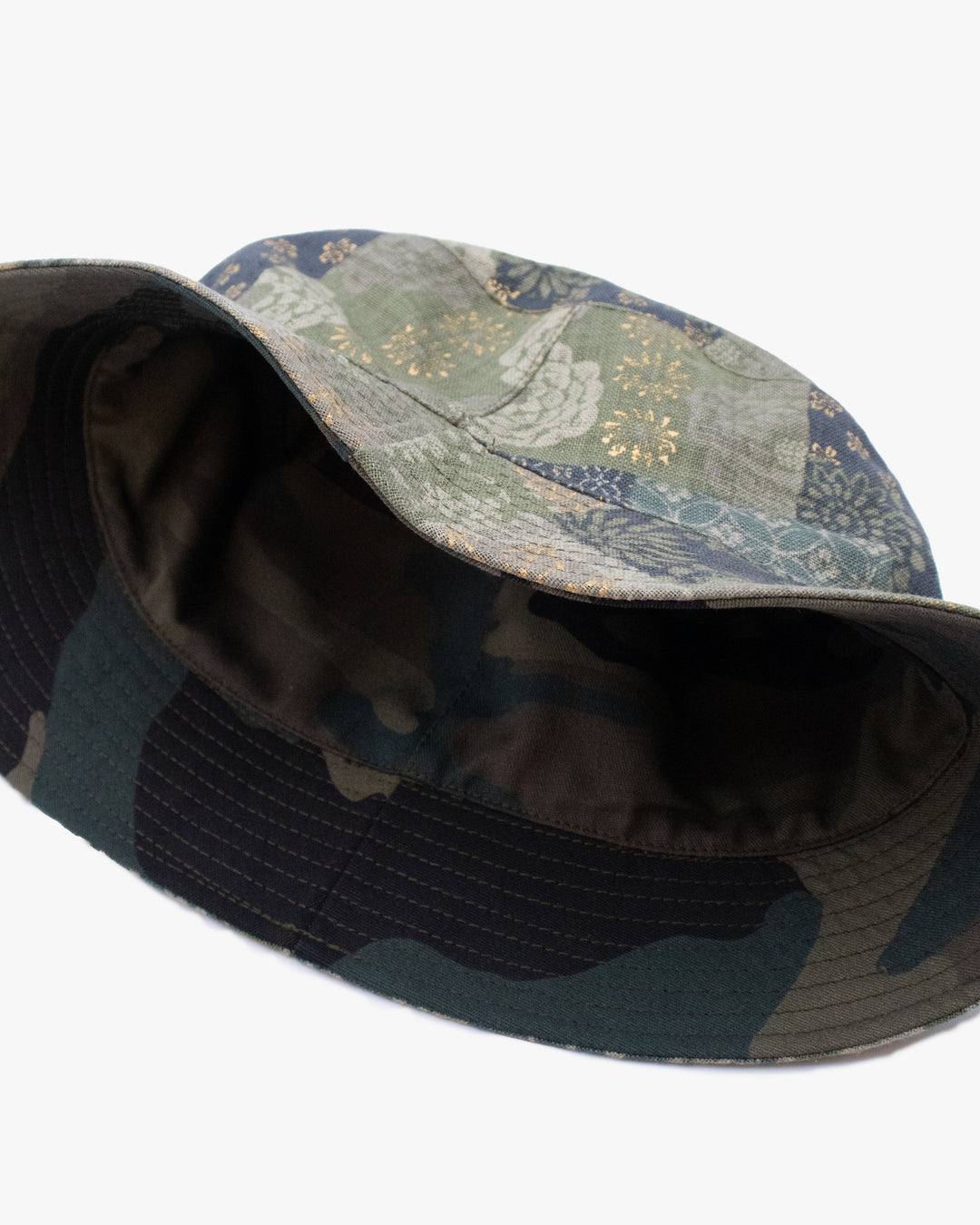 Kiriko Original Bucket Hat, Reversible Sage and Gold Multi Patchwork with Black and Lime Tiger Camo