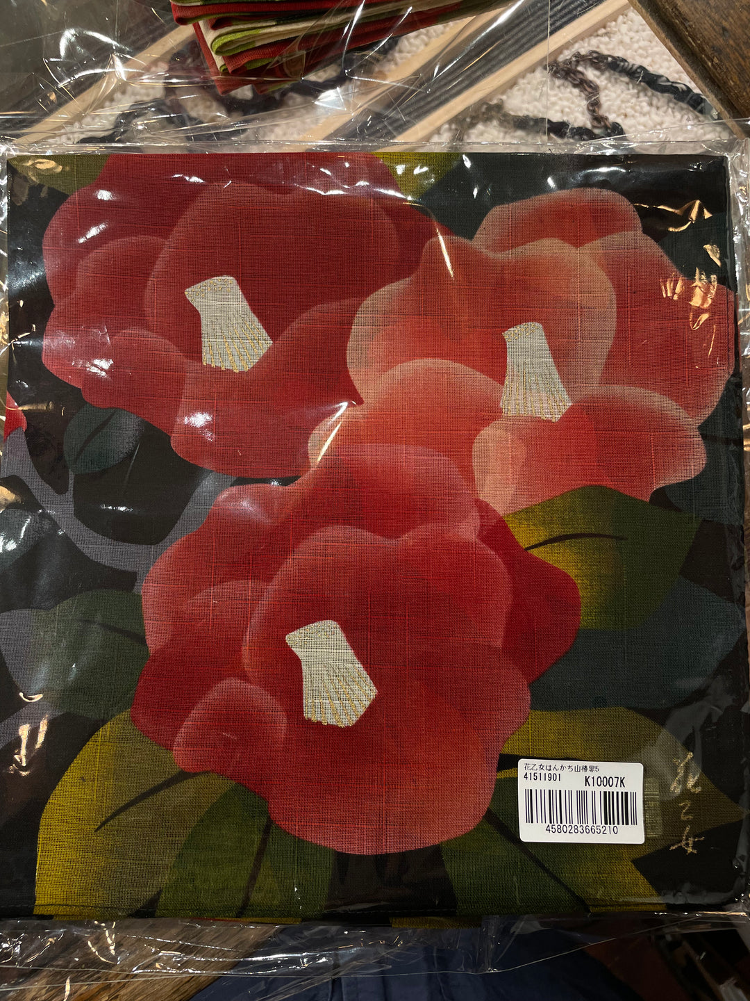 Kurochiku, Printed Cotton Handkerchief, Black with Red Tsubaki