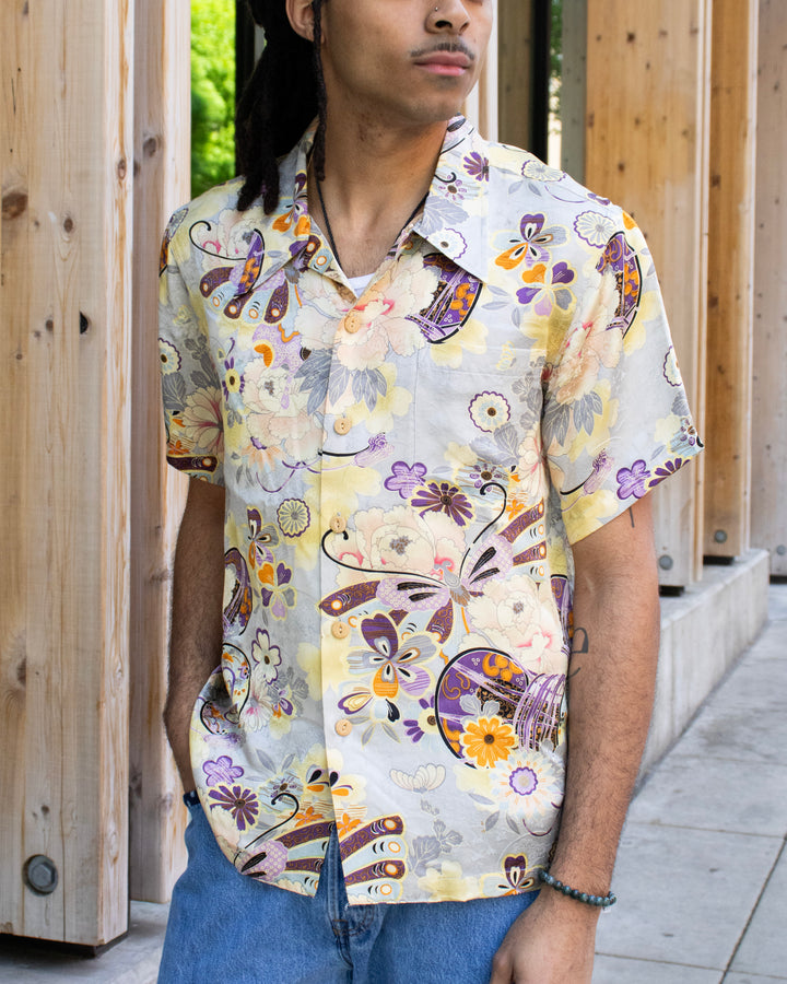 Japanese Repro Shirt, Aloha Short Sleeve, Saikai, Purple and Yellow Floral - M