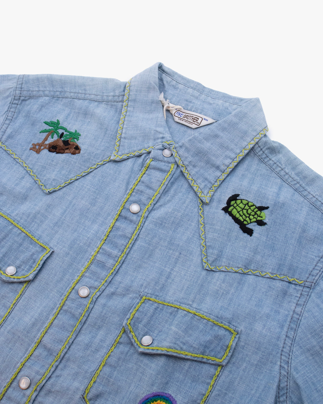 Japanese Repro Short-Sleeve Shirt, M, Five Brother, Chambray with Embroidery Details