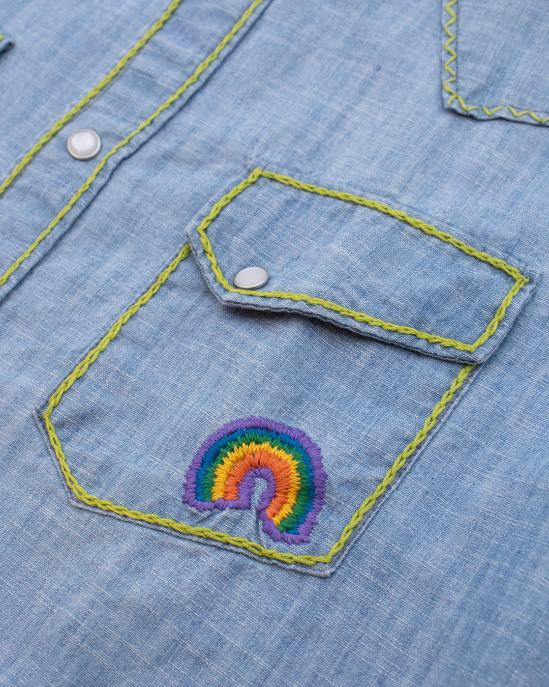 Japanese Repro Short-Sleeve Shirt, M, Five Brother, Chambray with Embroidery Details
