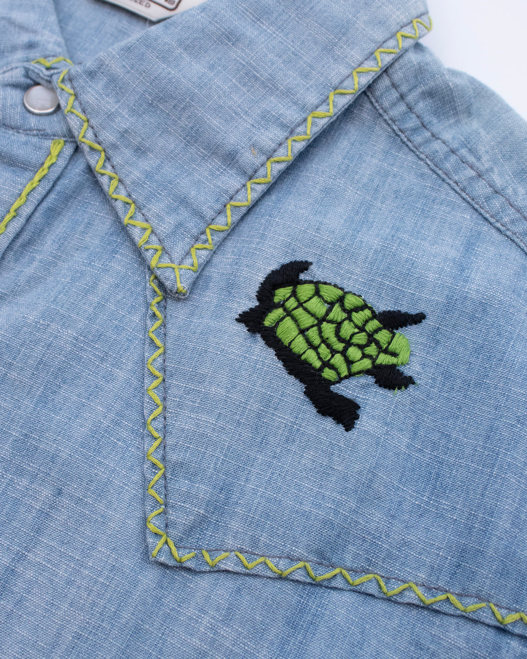 Japanese Repro Short-Sleeve Shirt, M, Five Brother, Chambray with Embroidery Details