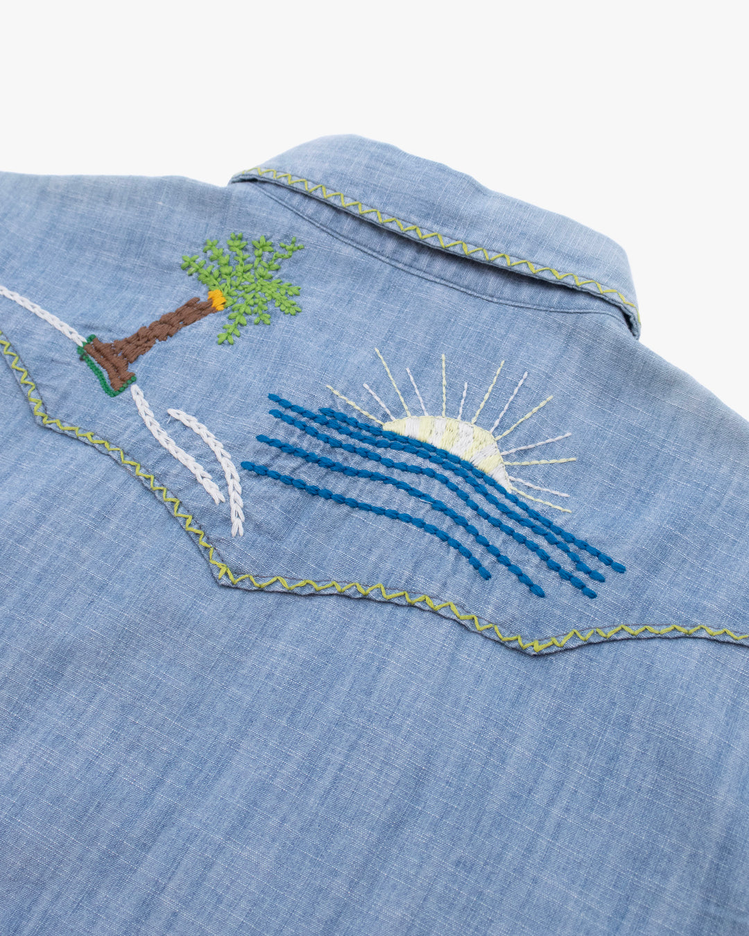 Japanese Repro Short-Sleeve Shirt, M, Five Brother, Chambray with Embroidery Details