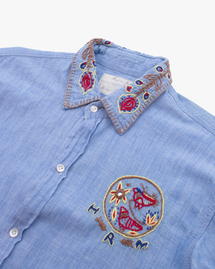 Japanese Repro Long-Sleeve Shirt, L, Hollywood Ranch Market, Blue with Embroidery Details