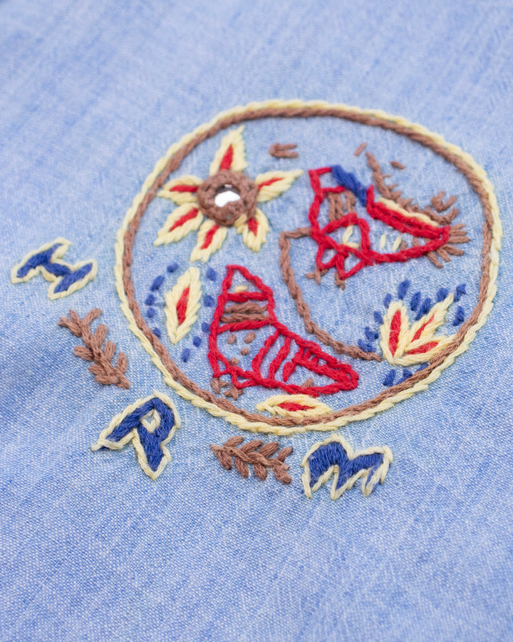 Japanese Repro Long-Sleeve Shirt, L, Hollywood Ranch Market, Blue with Embroidery Details
