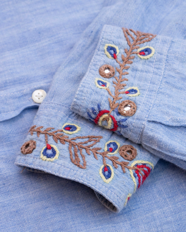 Japanese Repro Long-Sleeve Shirt, L, Hollywood Ranch Market, Blue with Embroidery Details