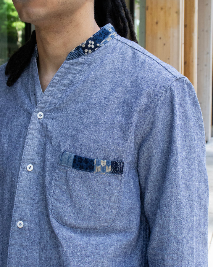 Kiriko Original Shirt, Long Sleeve Button-Up, Oversized Mandarin Collar, Indigo Chambray with Indigo Patchwork Style
