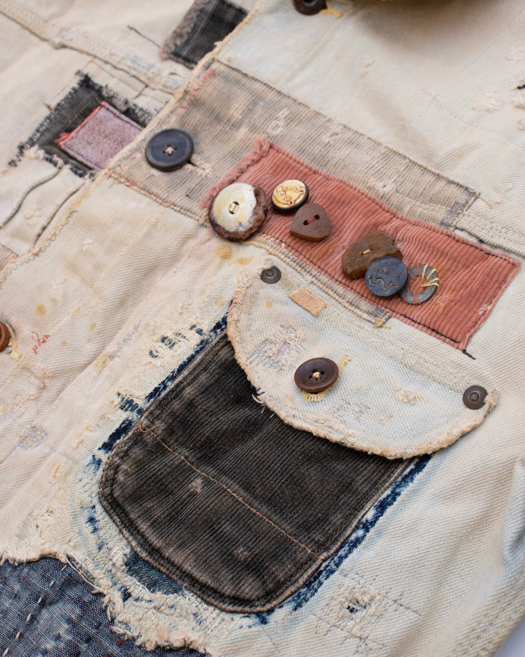 Japanese Repro Denim Jacket, L, Kapital, Off-White with Distressed Details