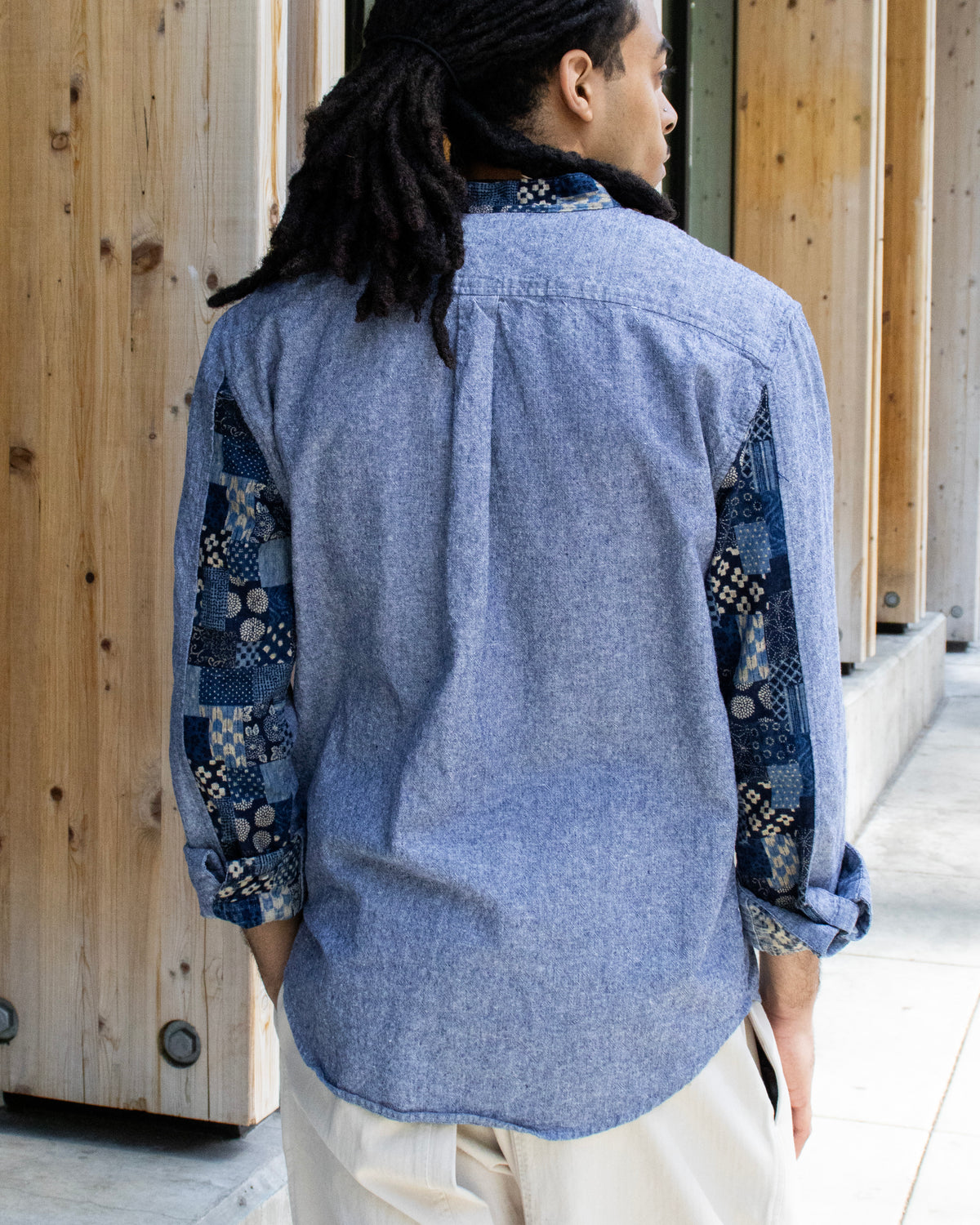 Kiriko Original Shirt, Long Sleeve Button-Up, Oversized Mandarin Collar, Indigo Chambray with Indigo Patchwork Style