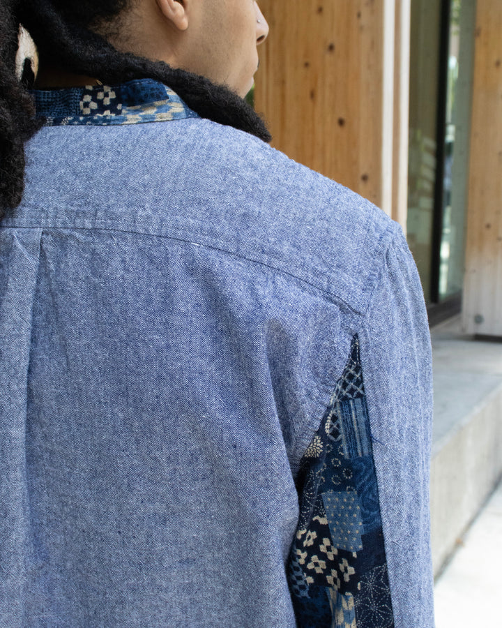 Kiriko Original Shirt, Long Sleeve Button-Up, Oversized Mandarin Collar, Indigo Chambray with Indigo Patchwork Style