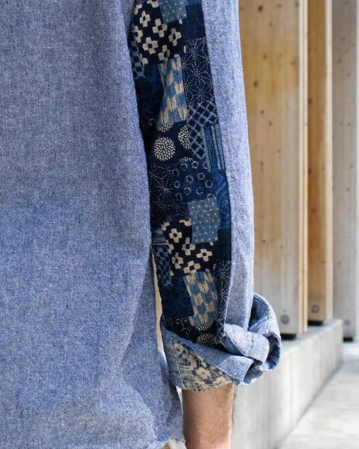 Kiriko Original Shirt, Long Sleeve Button-Up, Oversized Mandarin Collar, Indigo Chambray with Indigo Patchwork Style