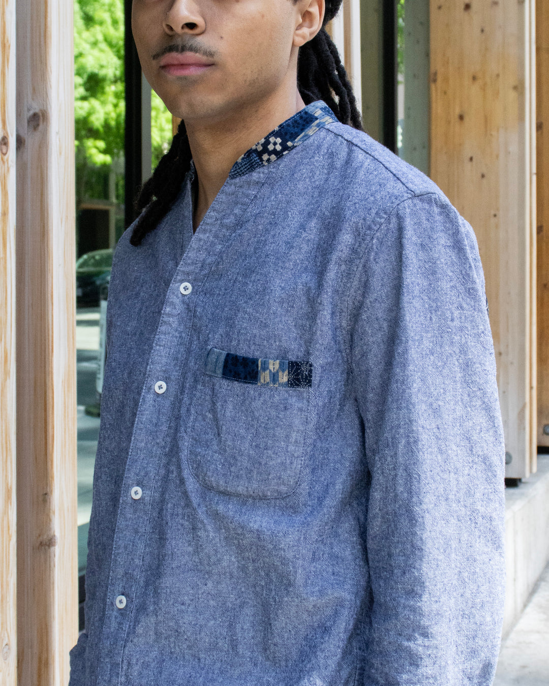 Kiriko Original Shirt, Long Sleeve Button-Up, Oversized Mandarin Collar, Indigo Chambray with Indigo Patchwork Style