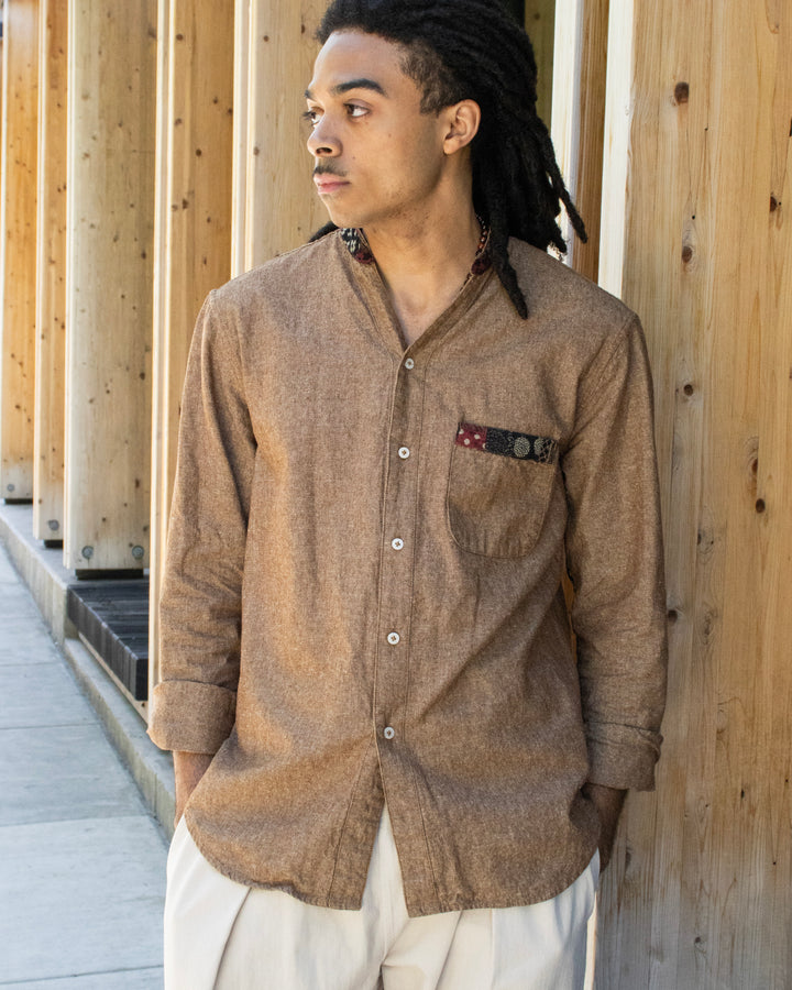 Kiriko Original Shirt, Long Sleeve Button-Up, Oversized Mandarin Collar, Amber Chambray with Azuki Patchwork Style