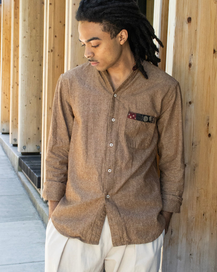 Kiriko Original Shirt, Long Sleeve Button-Up, Oversized Mandarin Collar, Amber Chambray with Azuki Patchwork Style