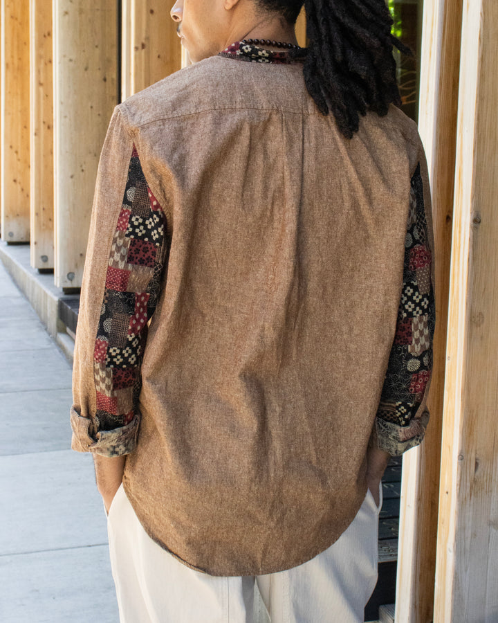 Kiriko Original Shirt, Long Sleeve Button-Up, Oversized Mandarin Collar, Amber Chambray with Azuki Patchwork Style